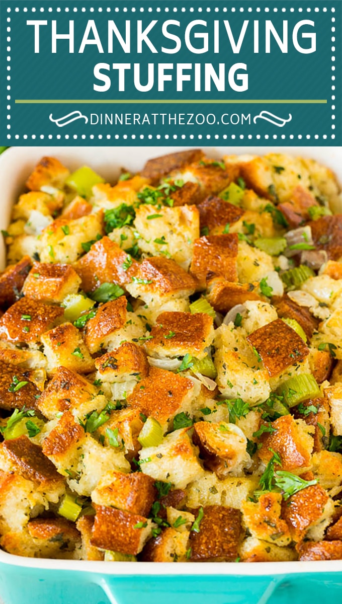 This Thanksgiving stuffing is a mixture of bread cubes, vegetables and plenty of herbs, all baked together until golden brown.