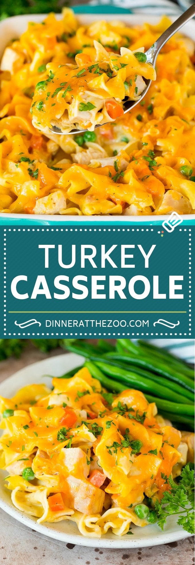This turkey casserole is made with diced leftover turkey, egg noodles and vegetables, all tossed in a creamy cheesy sauce.