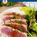 This seared ahi tuna recipe is sashimi grade fish coated in sesame seeds, then briefly cooked to tender and flavorful perfection.