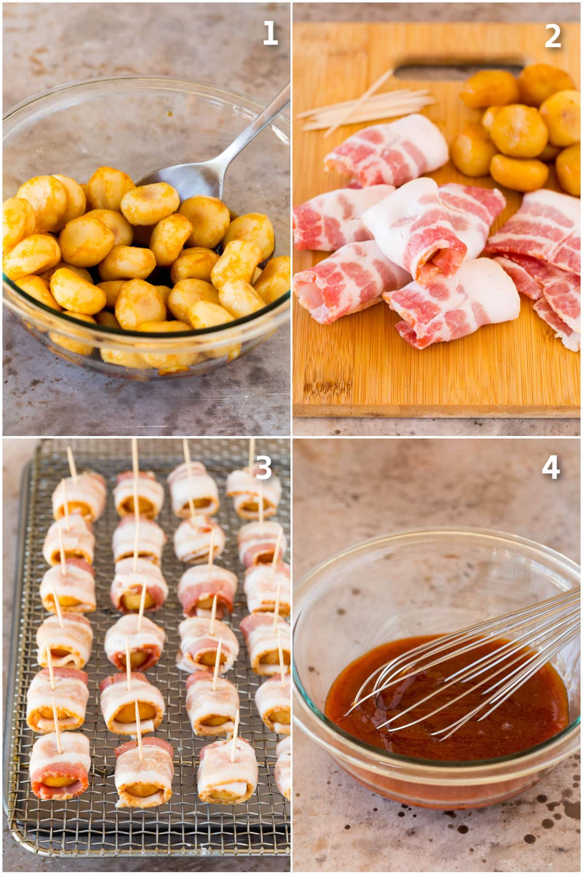 Step by step process shots showing how to prepare bacon wrapped water chestnuts.