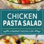 This chicken pasta salad is grilled chicken with olives, cheese and fresh vegetables, all tossed in a homemade Italian dressing.