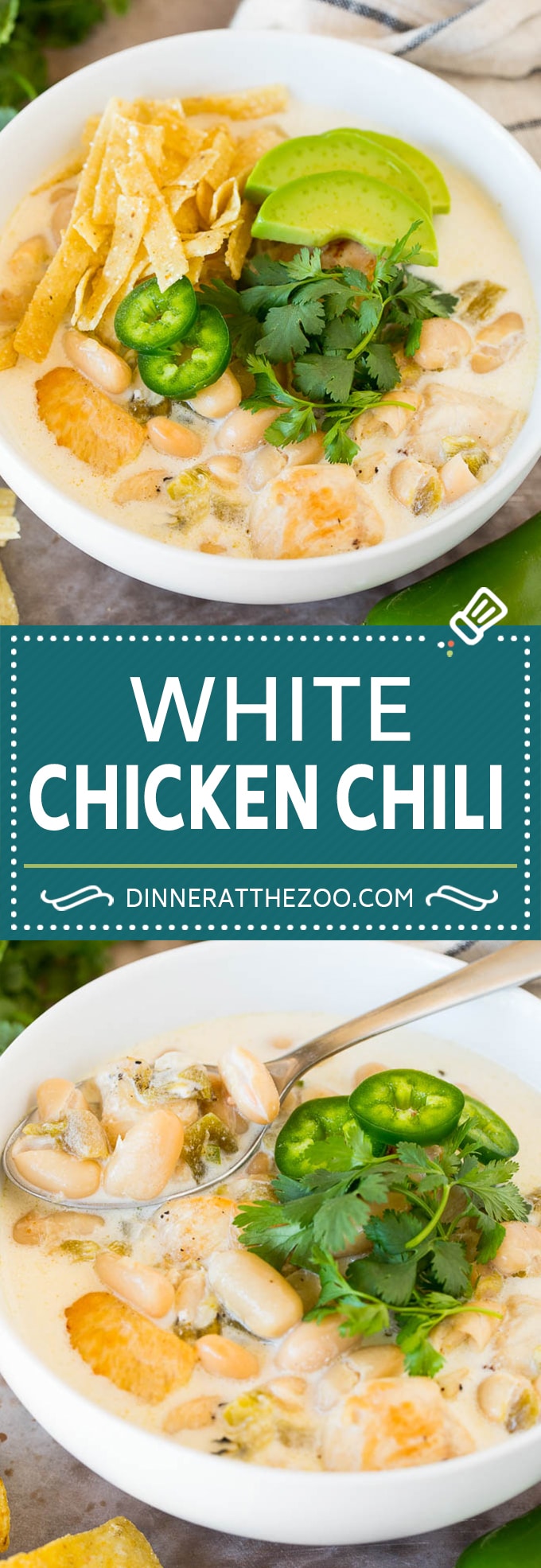 This white chicken chili is a creamy blend of chicken, chilies, beans and spices, all simmered together.