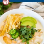 This white chicken chili is a creamy blend of chicken, chilies, beans and spices, all simmered together to make a hearty one pot meal.