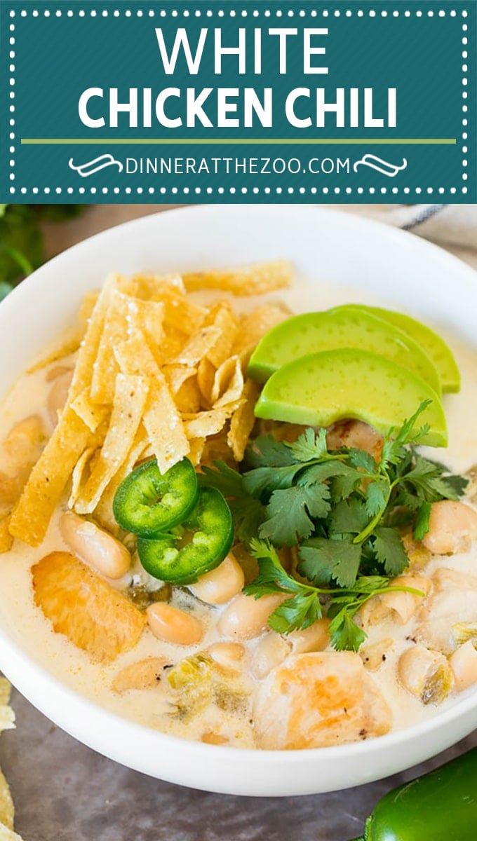 This white chicken chili is a creamy blend of chicken, chilies, beans and spices, all simmered together.