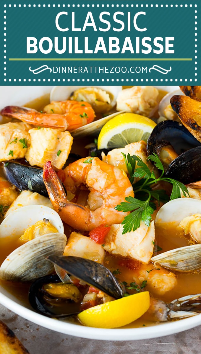 This bouillabaisse is French seafood stew with fresh fish, shrimp, clams and mussels, all simmered together in a flavorful broth.