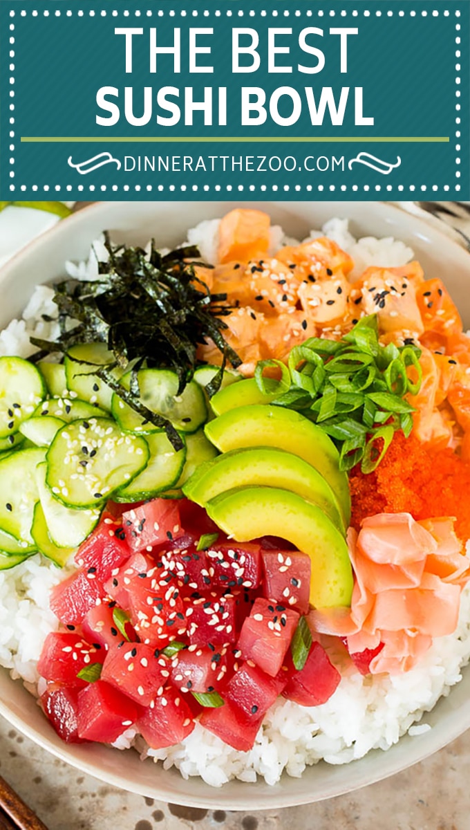 This sushi bowl recipe is assorted fresh fish, avocado, cucumber and seaweed, all served over rice.