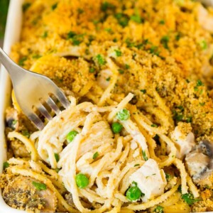 A fork serving up a portion of turkey tetrazzini.