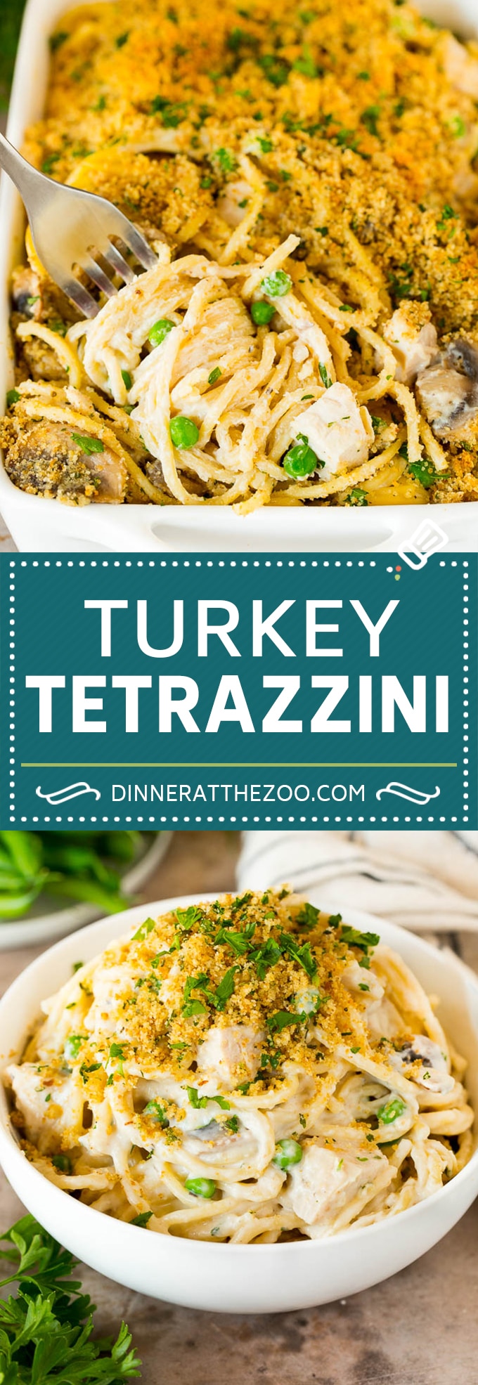 This turkey tetrazzini contains diced turkey, mushrooms and peas, all tossed with pasta in a creamy sauce, then baked to perfection.