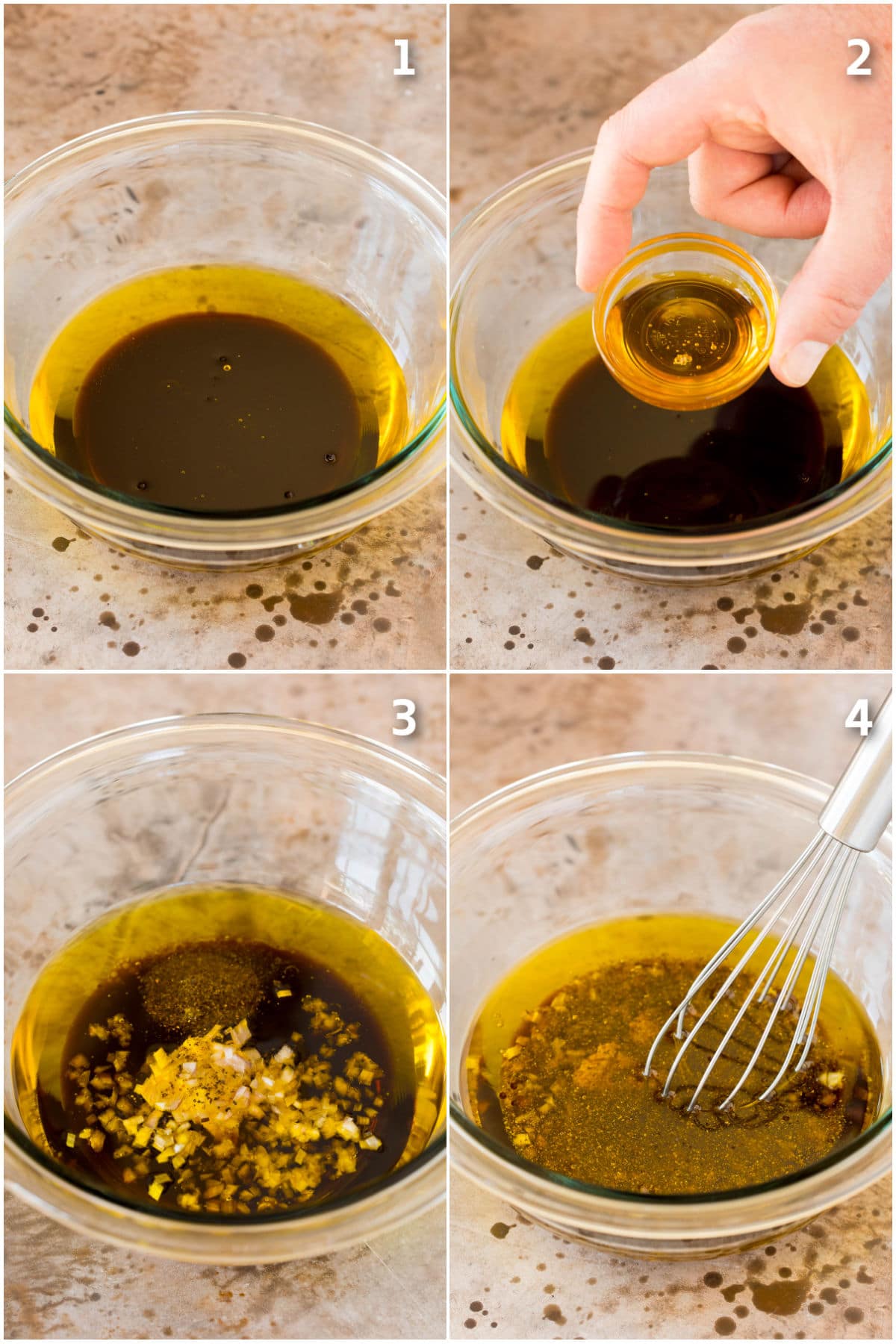 Process shots of salad dressing being made.