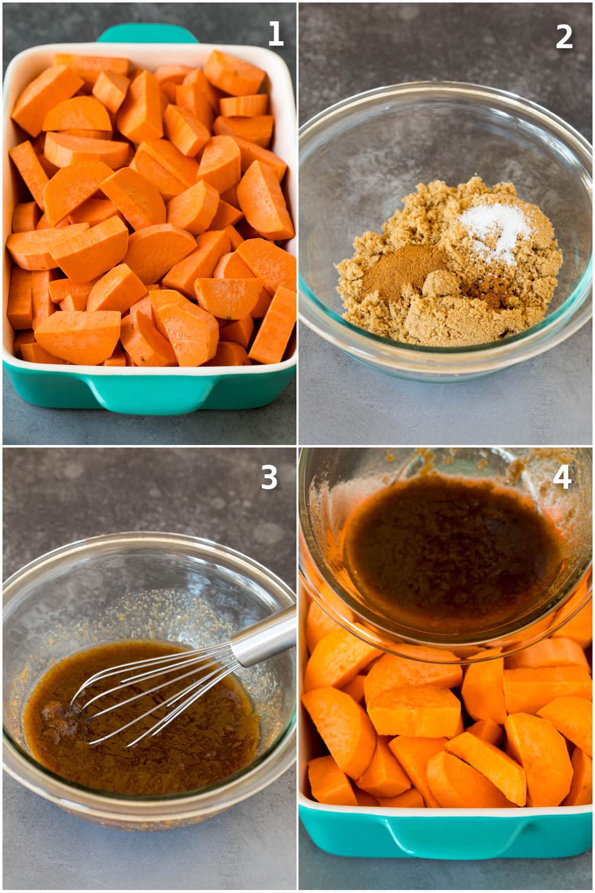 Step by step shows showing how to make brown sugar sauce for sweet potatoes.