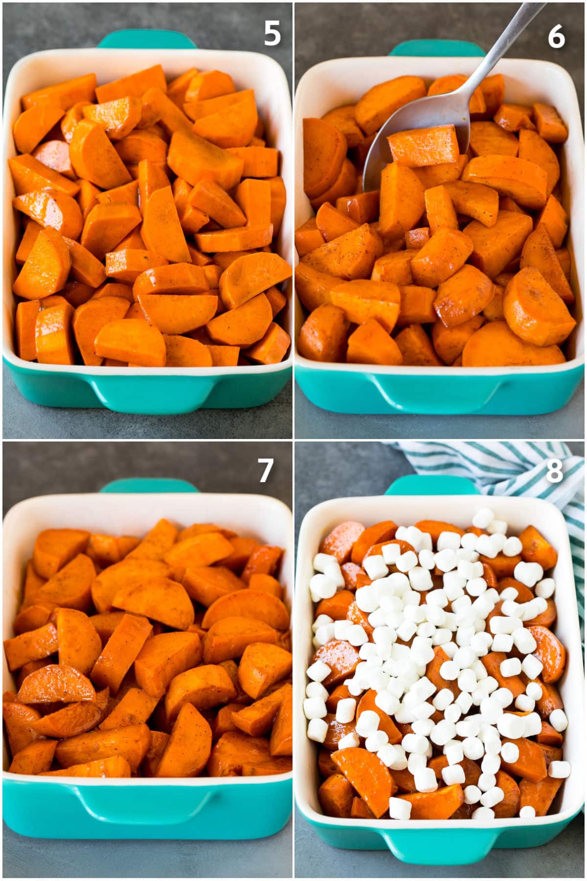 Process shots showing how to make candied yams with marshmallows.