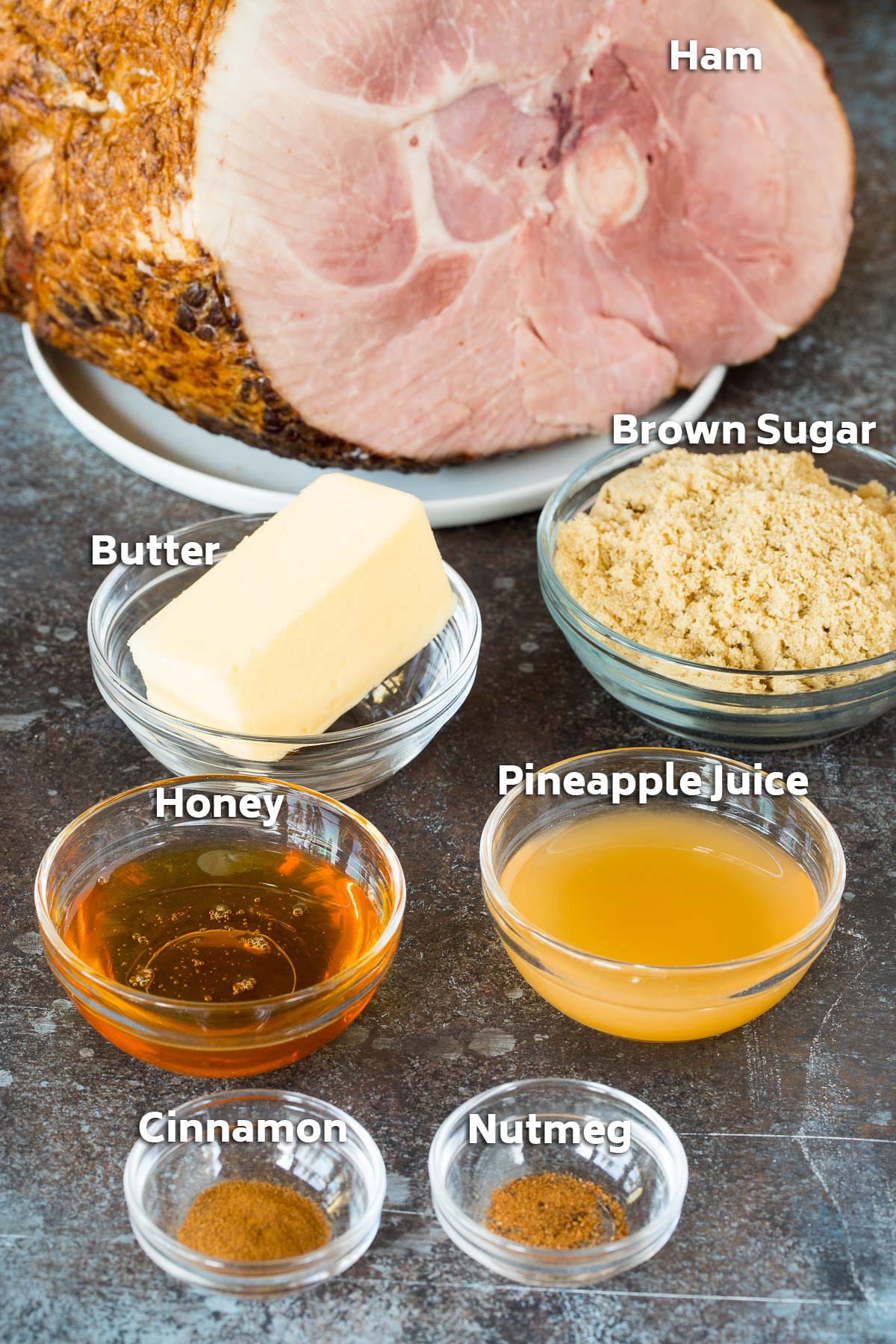 Ingredients including ham, brown sugar, pineapple juice and spices.
