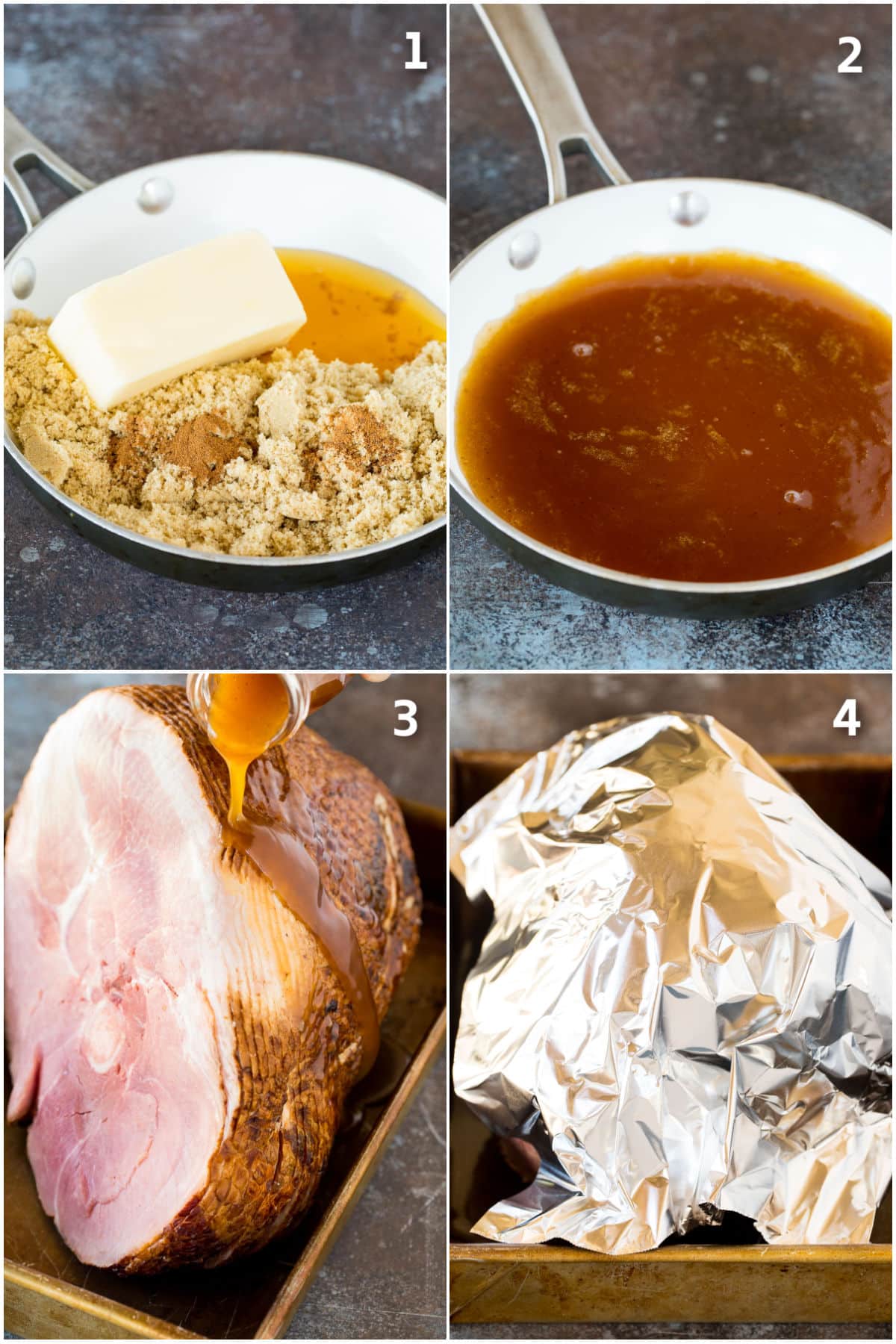Step by step shots showing how to make ham glaze and cook spiral cut ham.