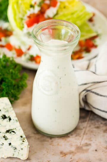 A jar of blue cheese dressing.