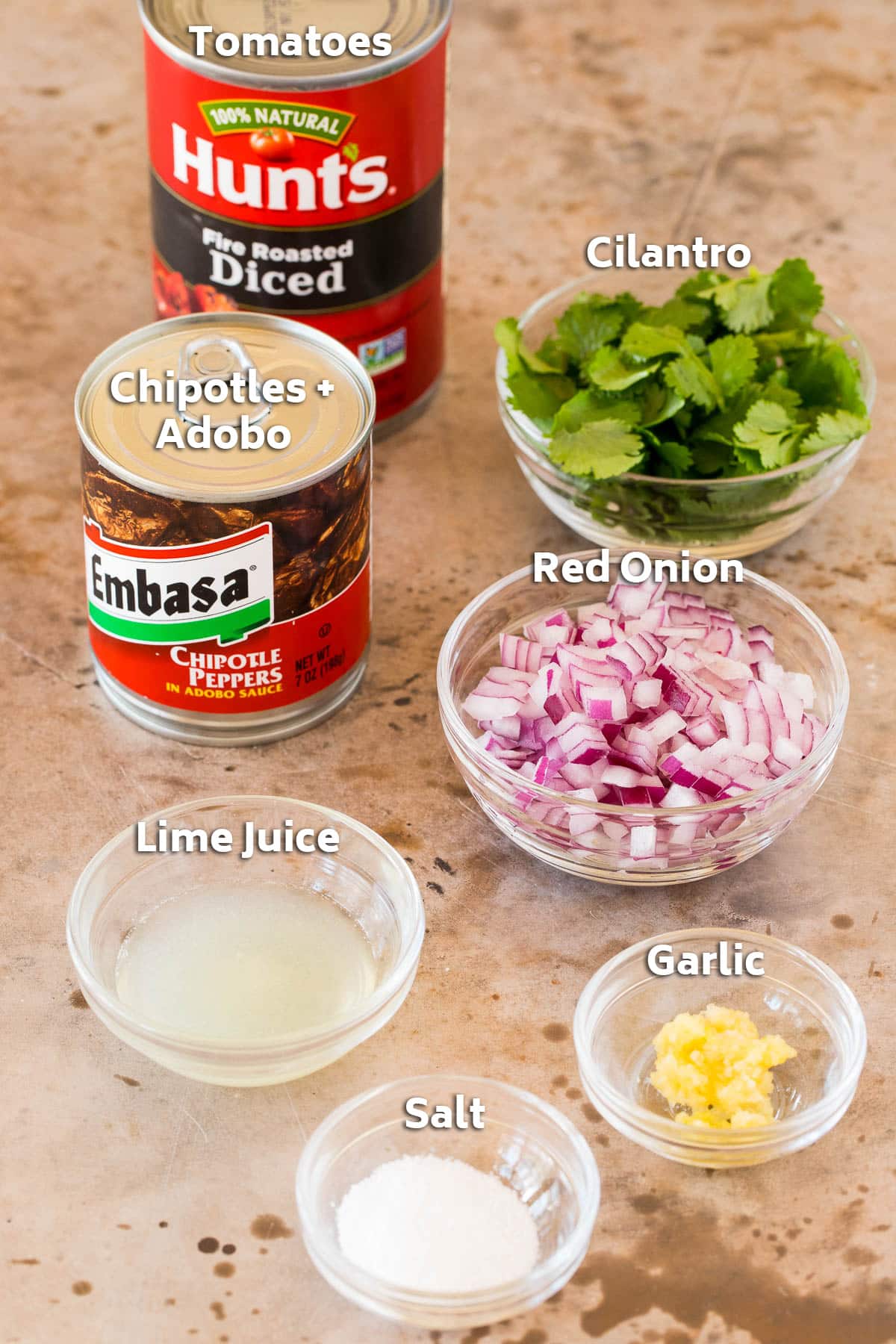 Ingredients including canned tomatoes, chipotle peppers, cilantro, red onion and seasonings.