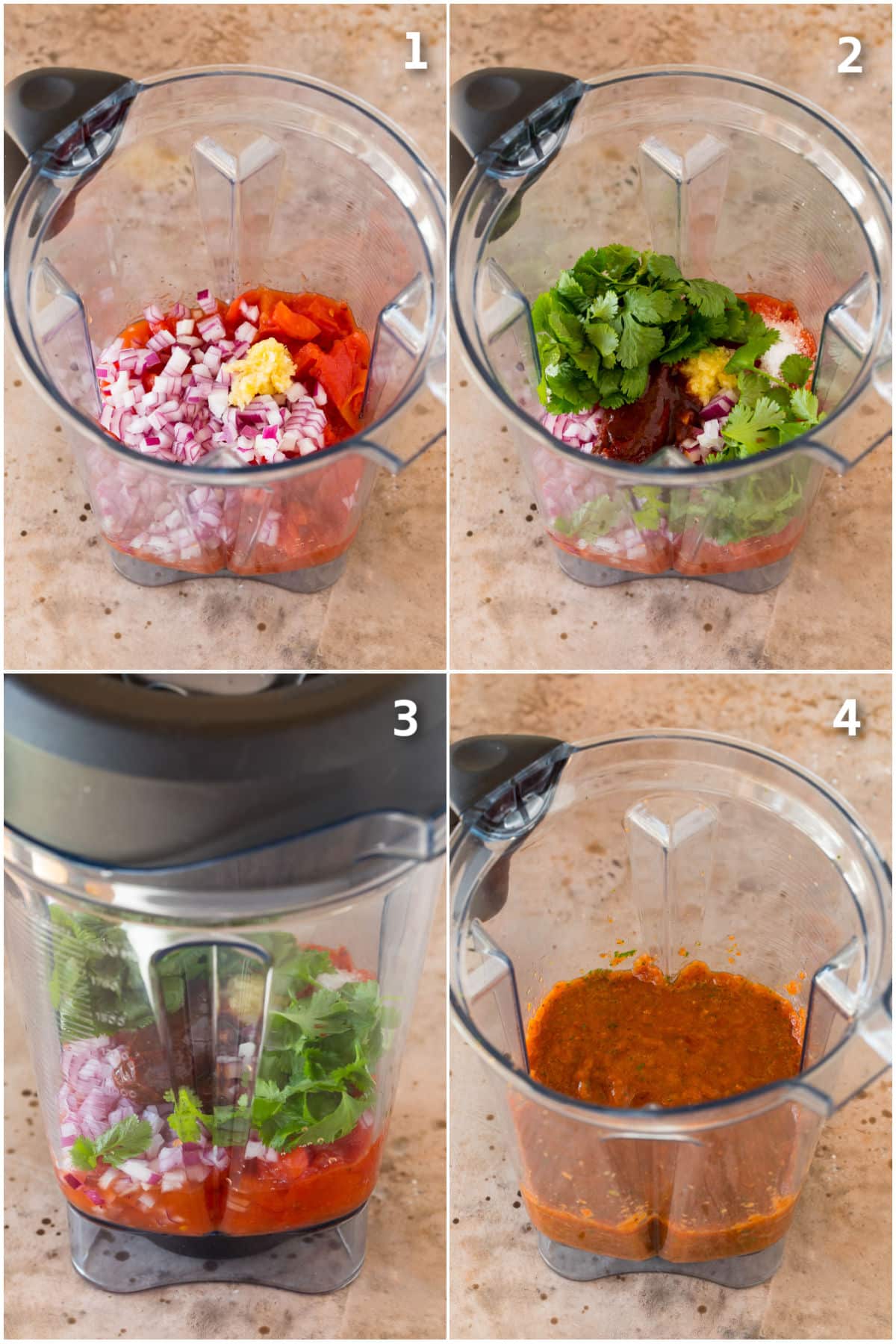 Step by step shots showing how to make chipotle salsa in a blender.