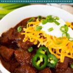 This Texas chili is chunks of beef that are slow simmered with a variety of spices to make a rich and hearty stew.