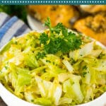 This sauteed cabbage is coarsely chopped green cabbage cooked with butter, onions, garlic and fresh herbs.