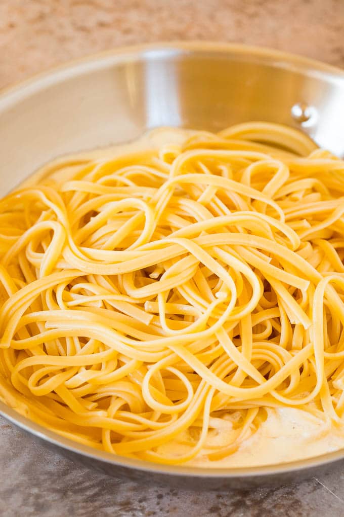 Linguine pasta on top of cream sauce.