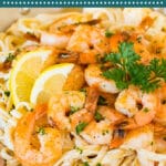 This shrimp linguine is fresh seafood sauteed in garlic butter, then tossed with pasta in a creamy parmesan sauce.