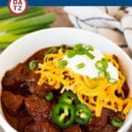 This Texas chili is chunks of beef that are slow simmered with a variety of spices to make a rich and hearty stew. A no bean chili that's packed with flavor and is always a hit with family and friends.