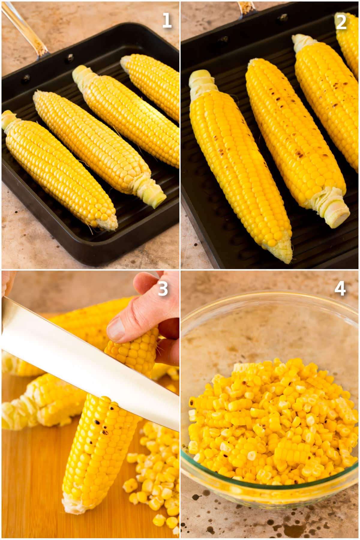 Step by step shots showing how to grill corn and cut it off the cob.