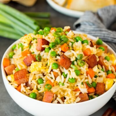 A serving bowl filled with Spam fried rice.