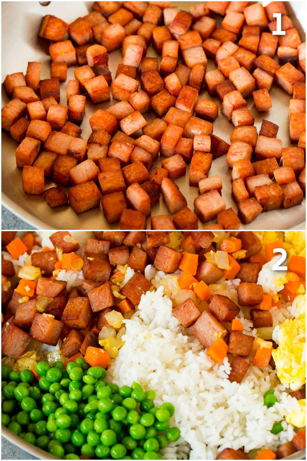 Pans of sauteed Spam and a pan of rice, veggies and meat.