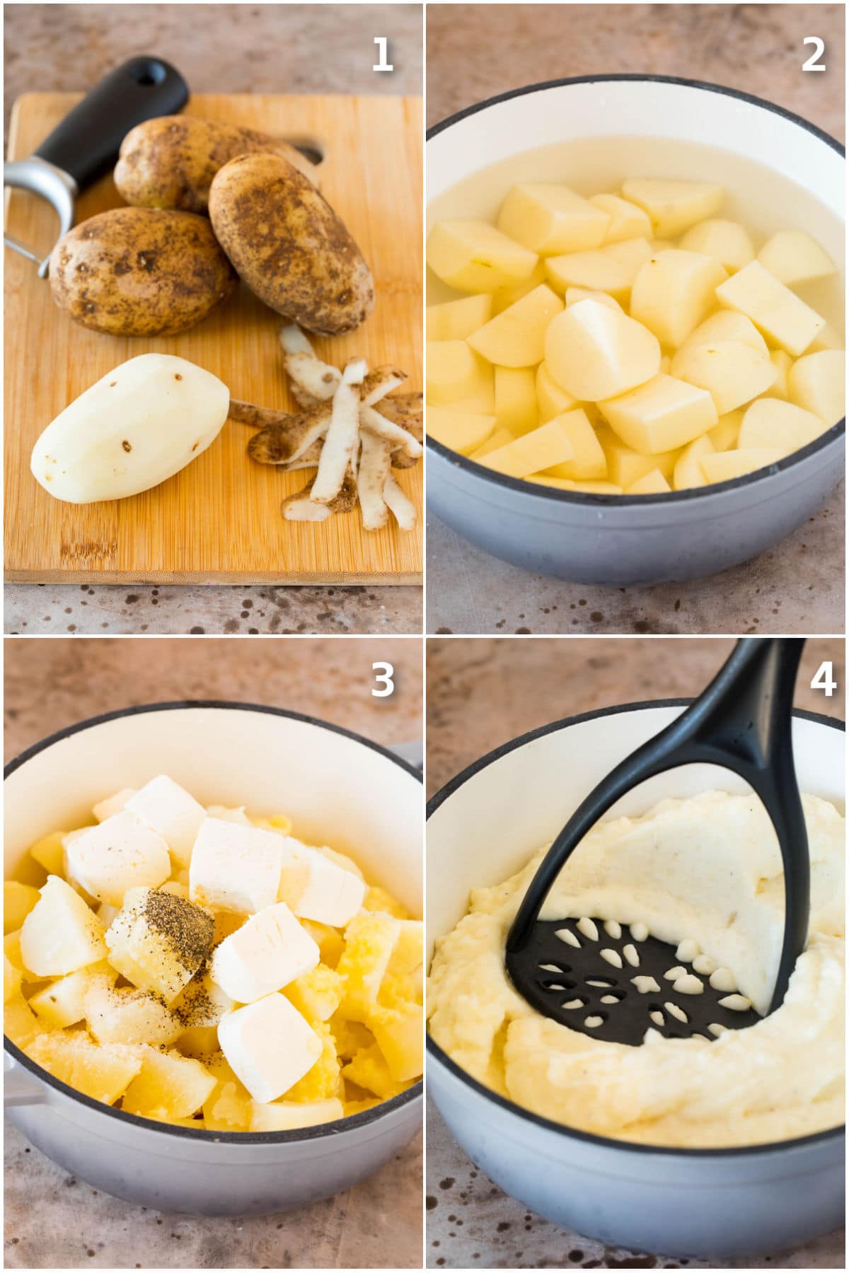 Step by step shots on how to peel, boil and crush potatoes.