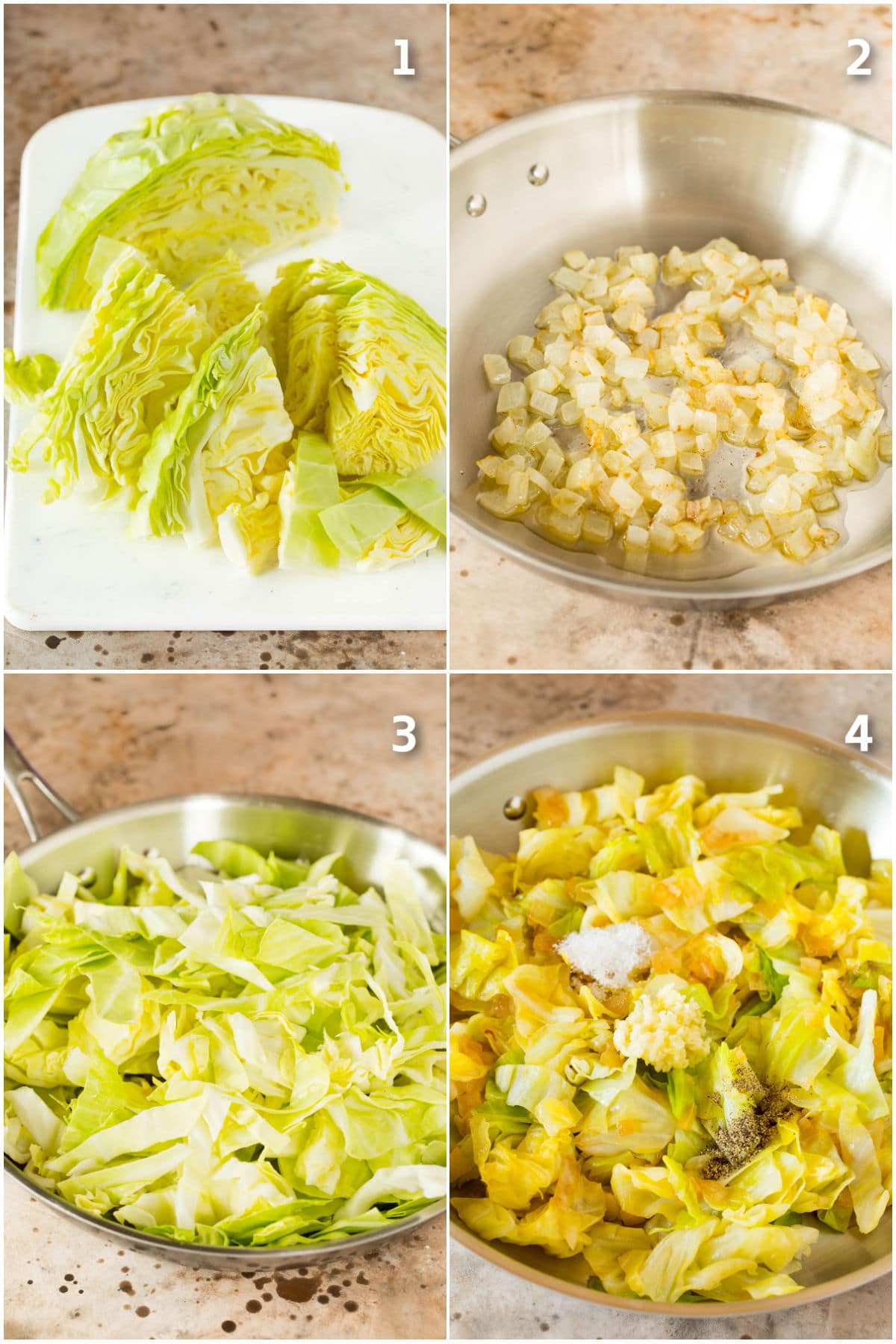 A collage of step by step how to cook cabbage.