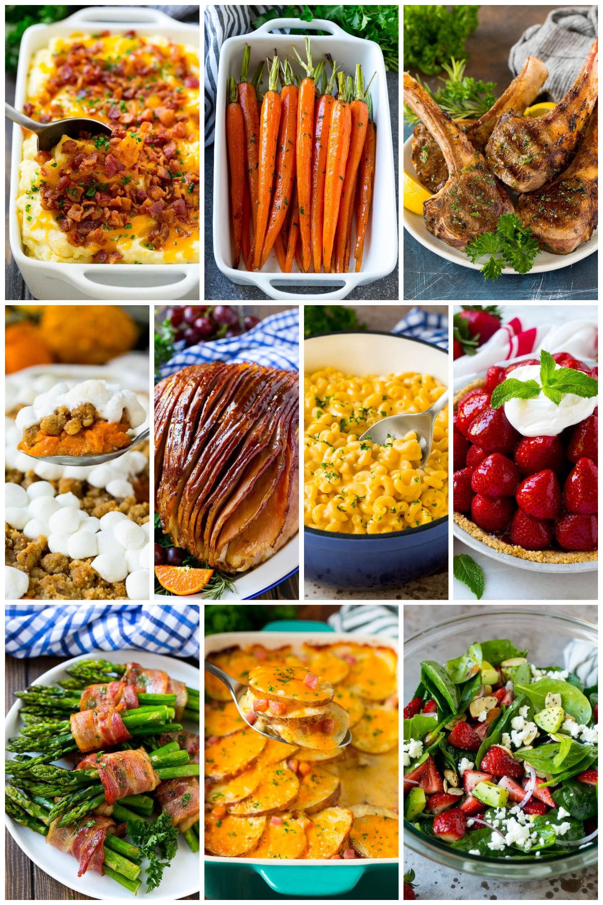 A photo collage of Easter recipes including stove top mac and cheese and sweet potato casserole.