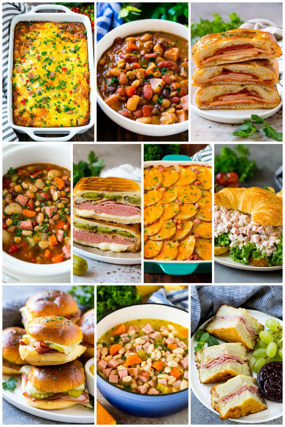 A collection of leftover ham recipes including sandwiches, soups and casseroles.