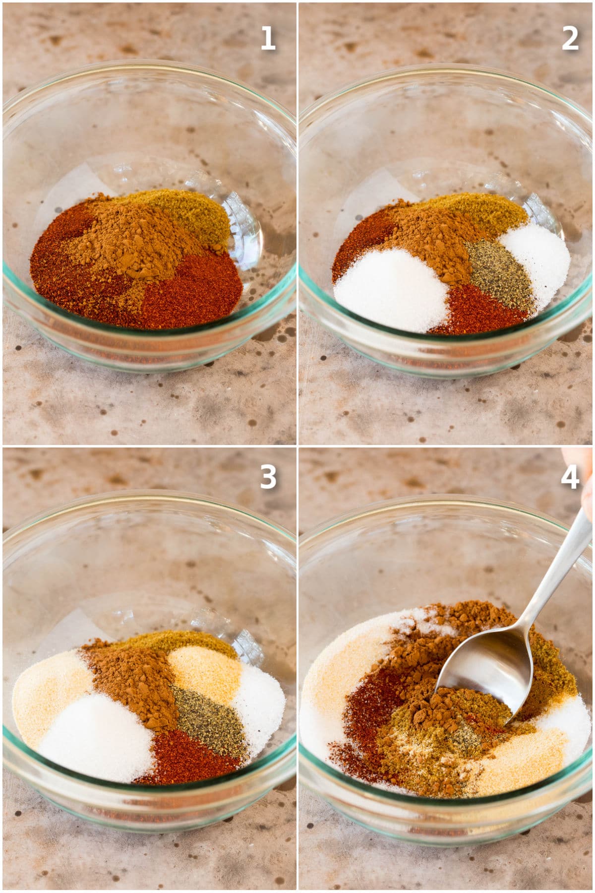 Step by step photos of spices being added to a bowl.