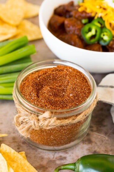 A jar of homemade chili seasoning.