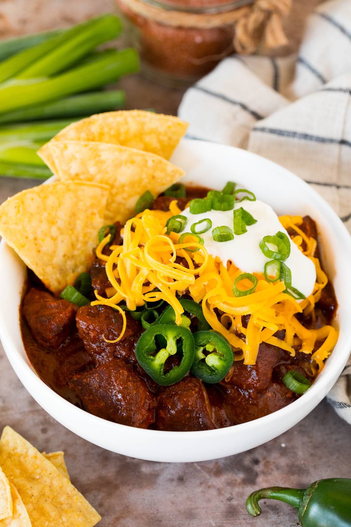 A bowl of Texas chili made with chili seasoning.