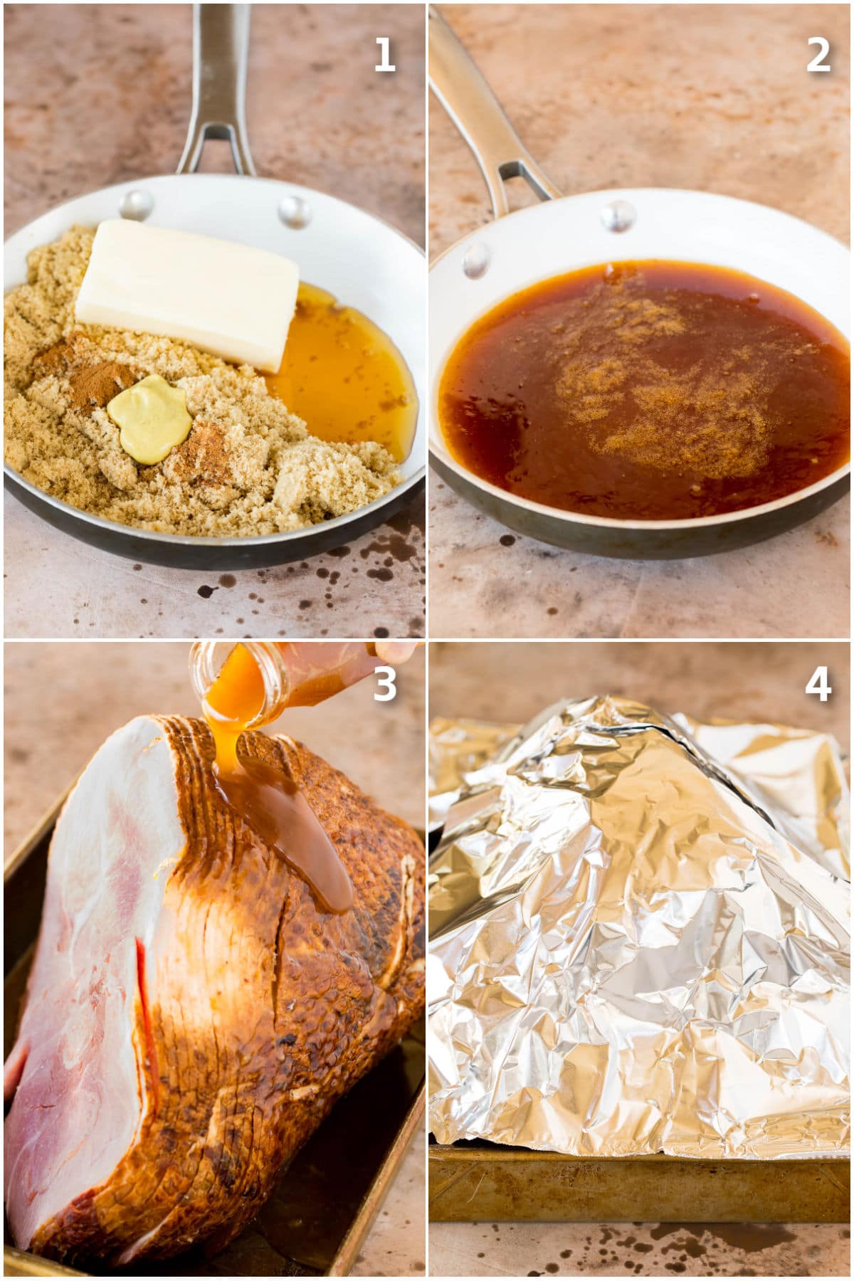 A collage showing how to make glaze and bake a ham.