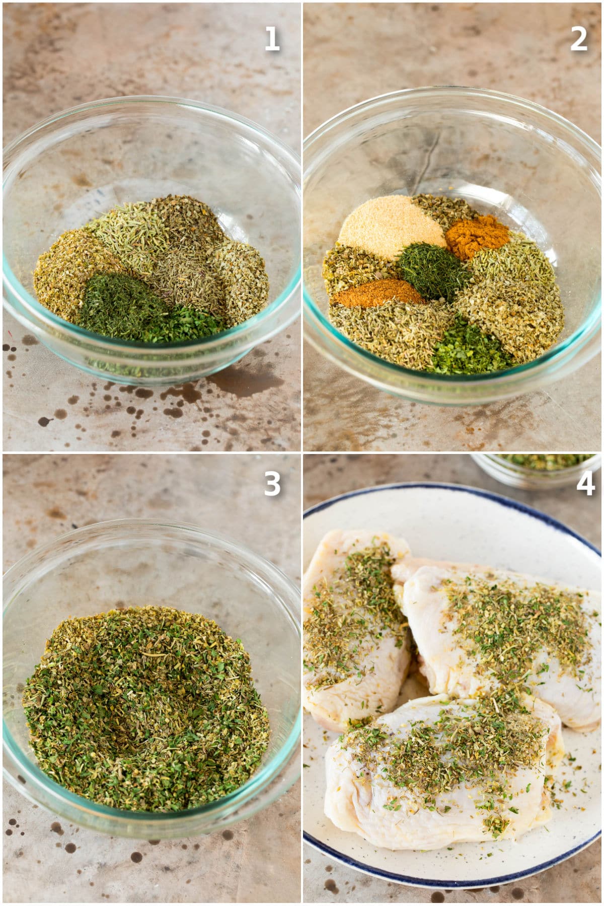 Step by step process shots of how to make Greek seasoning.