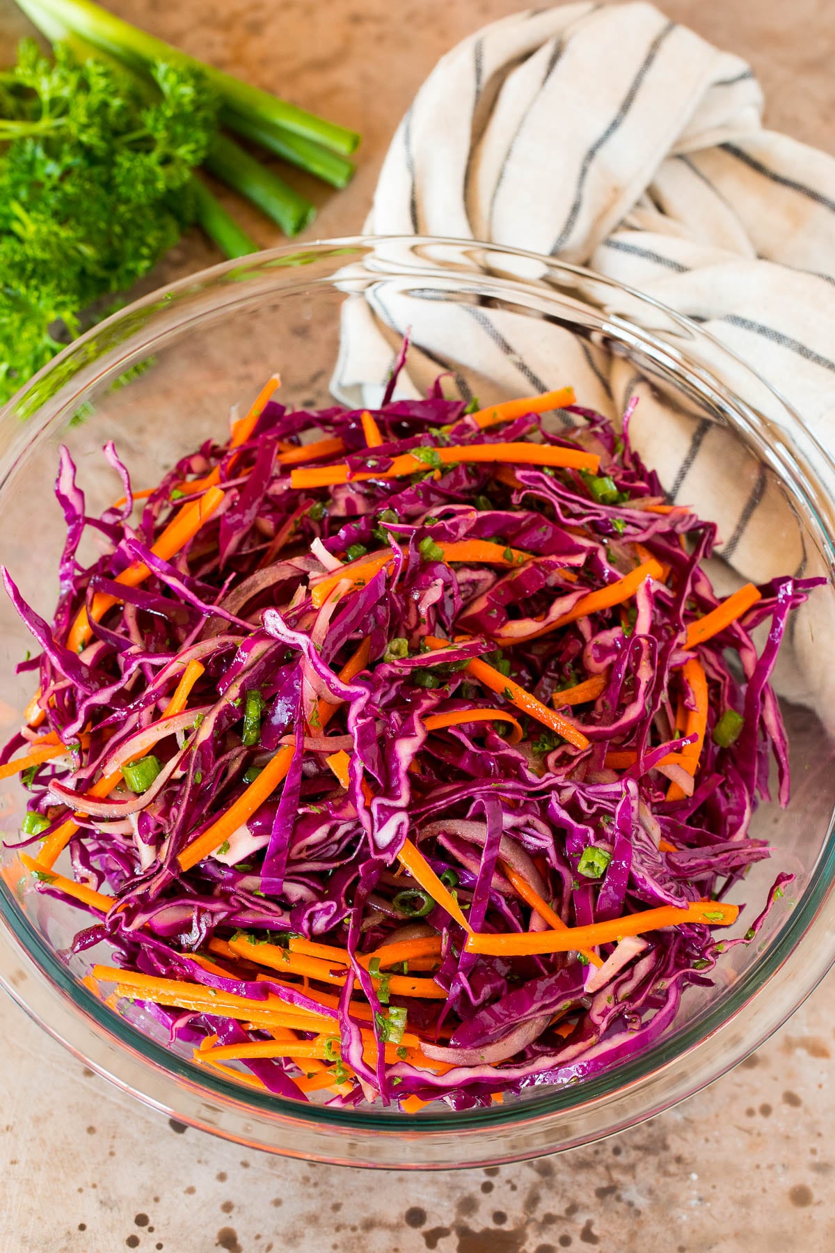 A bowl of red cabbage slaw garnished with fresh herbs.