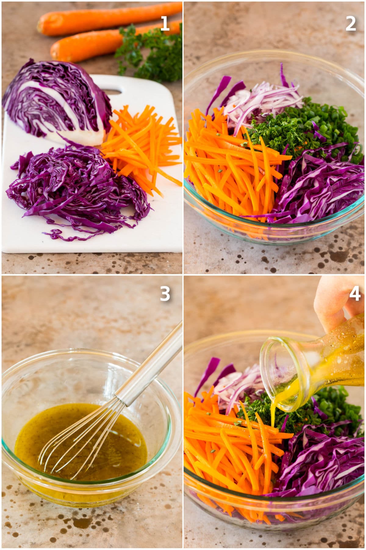 Process shots showing cabbage slaw being made.