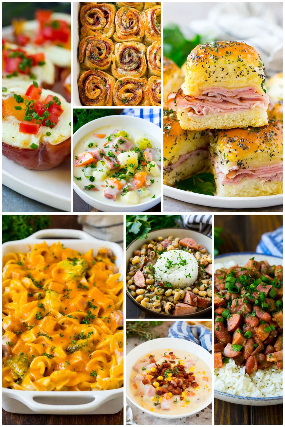 Several images of ham recipes such as ham sliders, ham and potato soup and ham and egg cups.
