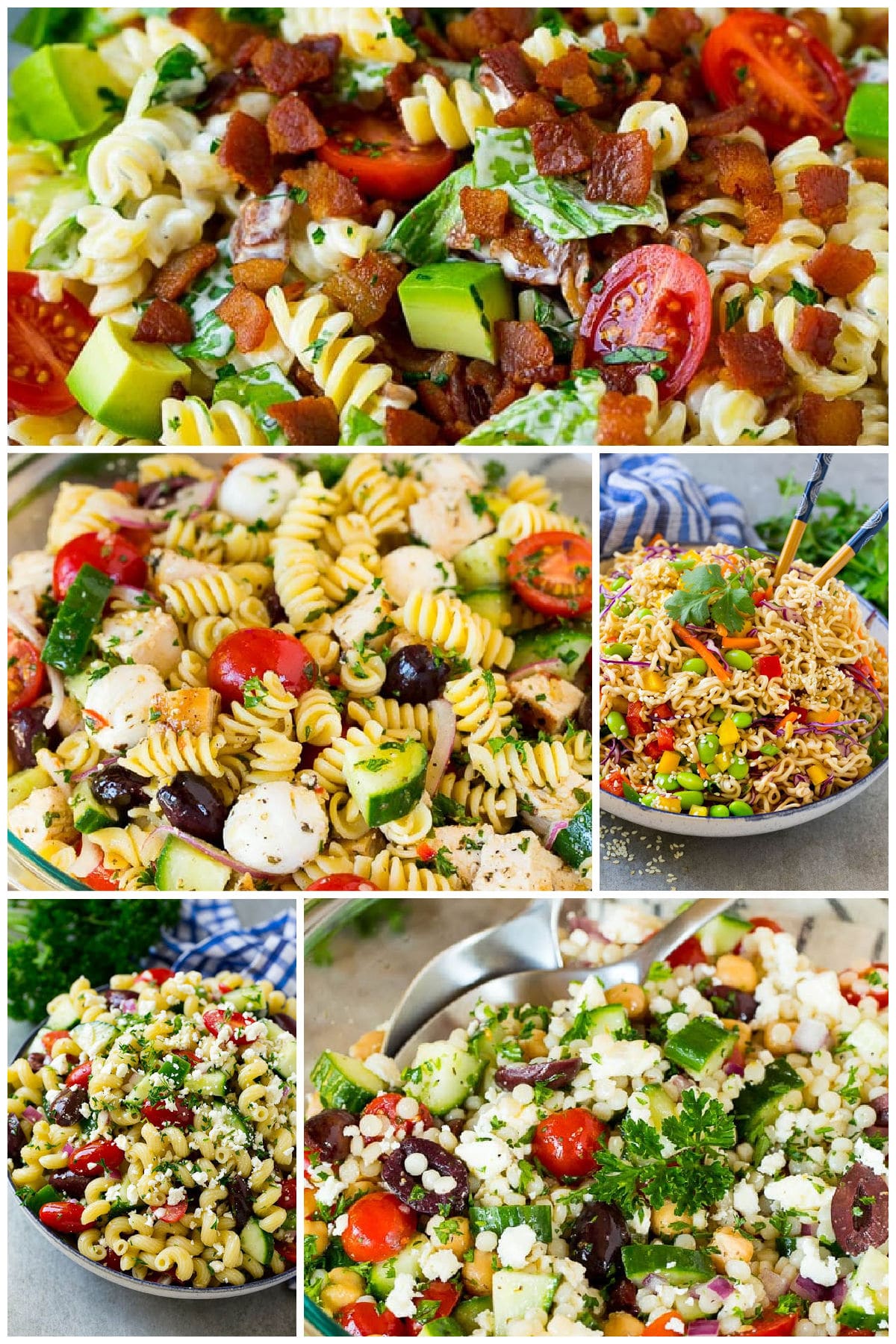 A collection of pasta salad recipes including BLT pasta, chicken pasta and Greek pasta salads.