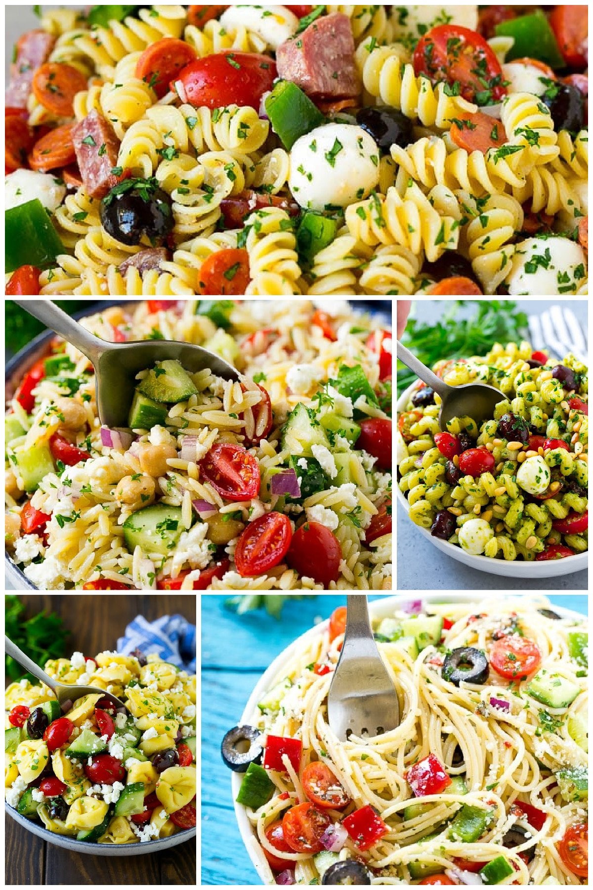 A group of salads including spaghetti salad, orzo salad and pesto pasta salad.