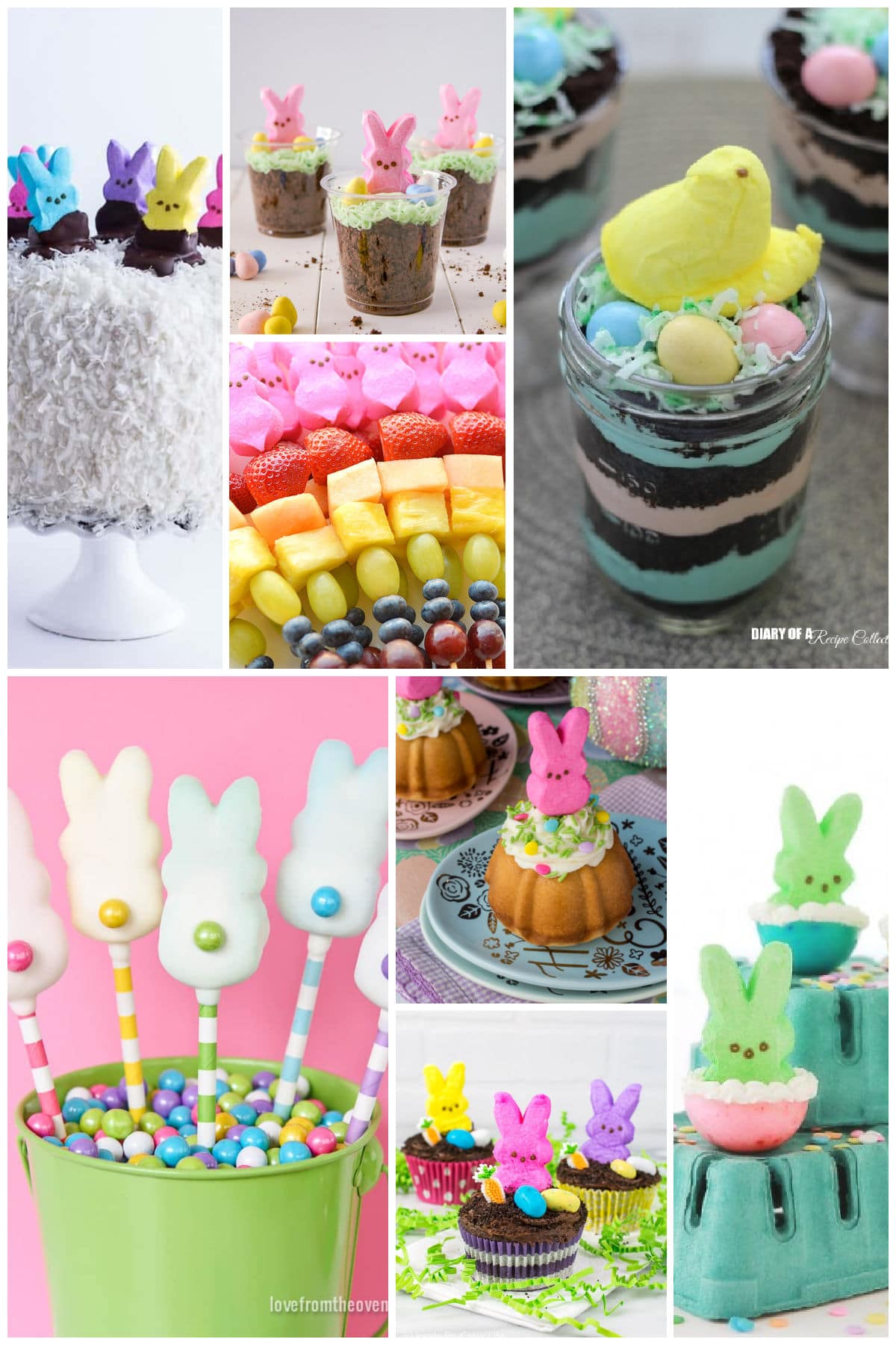 A group of recipes made with peeps like fruit kabobs, pudding cups and cupcakes.