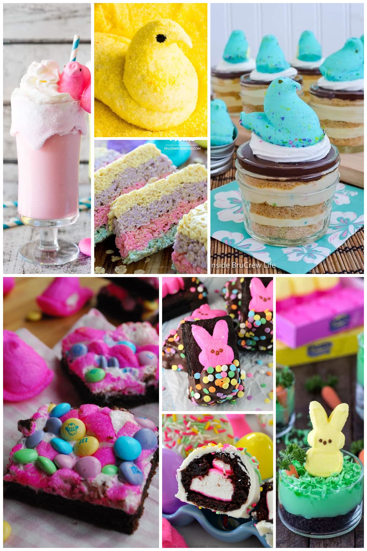 A group of recipes like peeps candy bars, milkshakes and brownies.