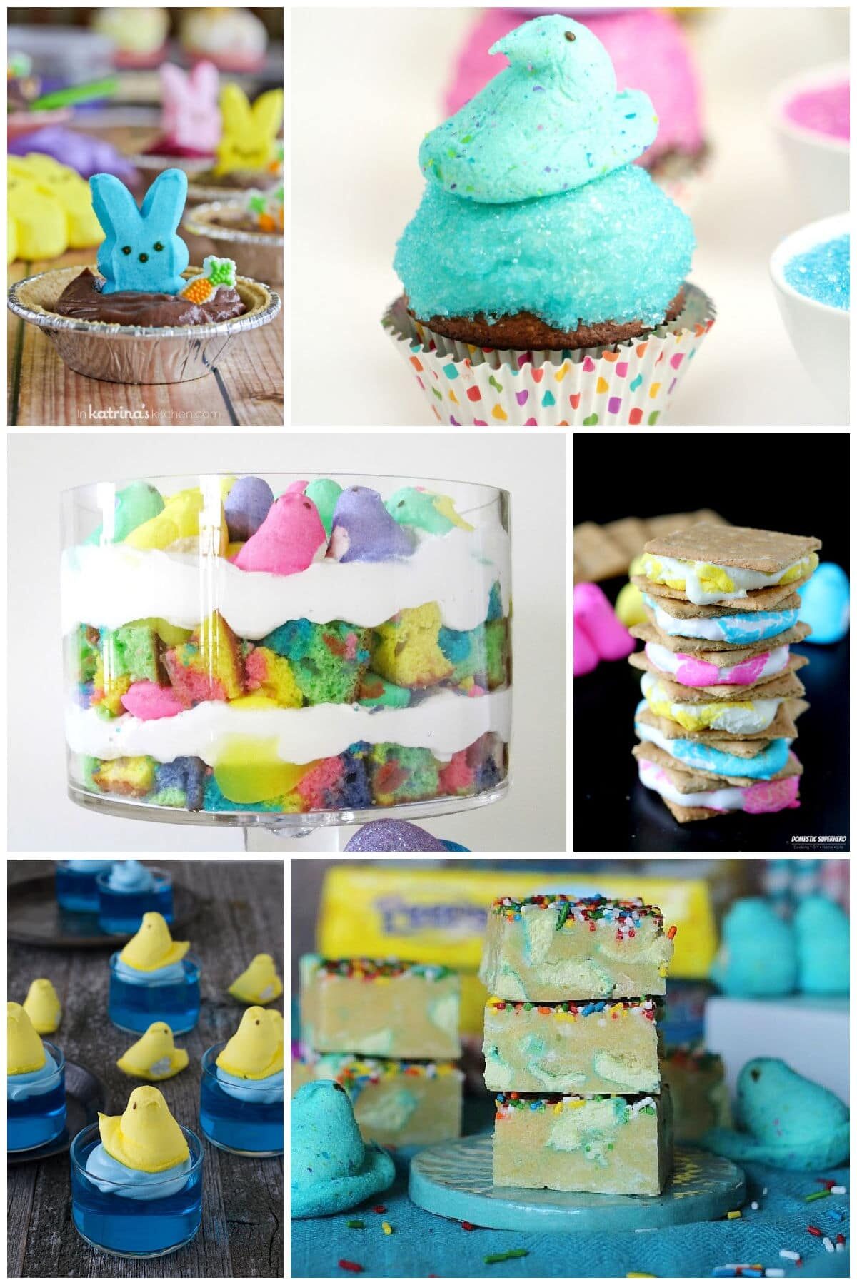 A collection of recipes made with peeps including s'mores, cupcakes and trifles.