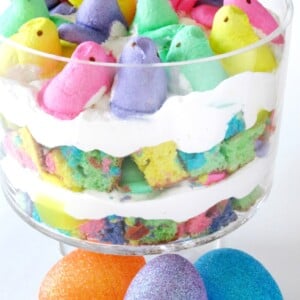 An image of a rainbow peeps trifle.