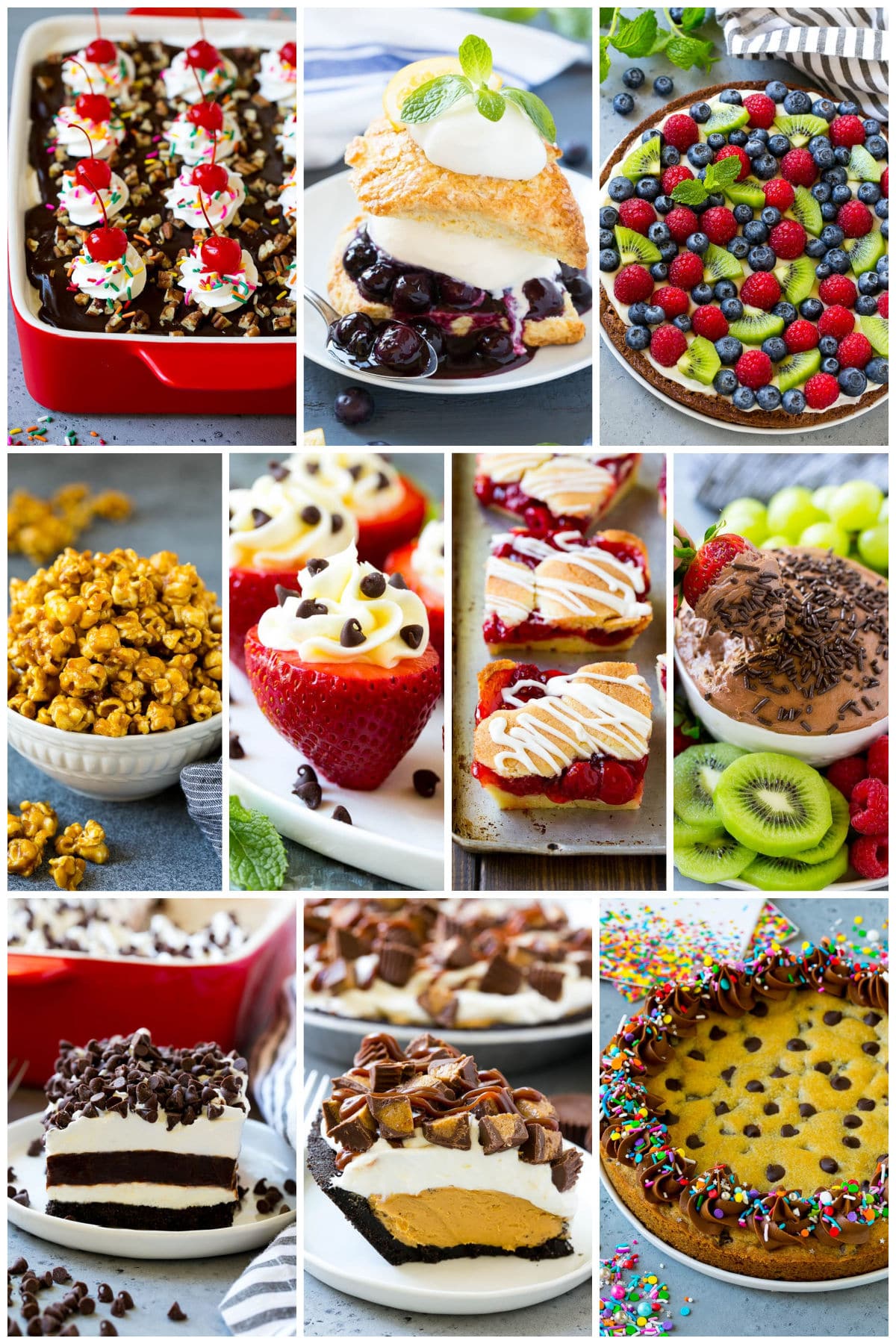 A group of summer dessert recipes like cherry bars, brownie pizza and blueberry shortcake.