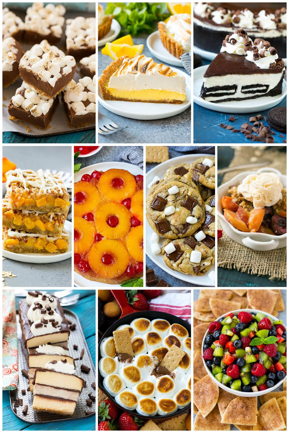 A group of summer dessert recipes like s'mores dip, peach crumble bars and fruit salsa.