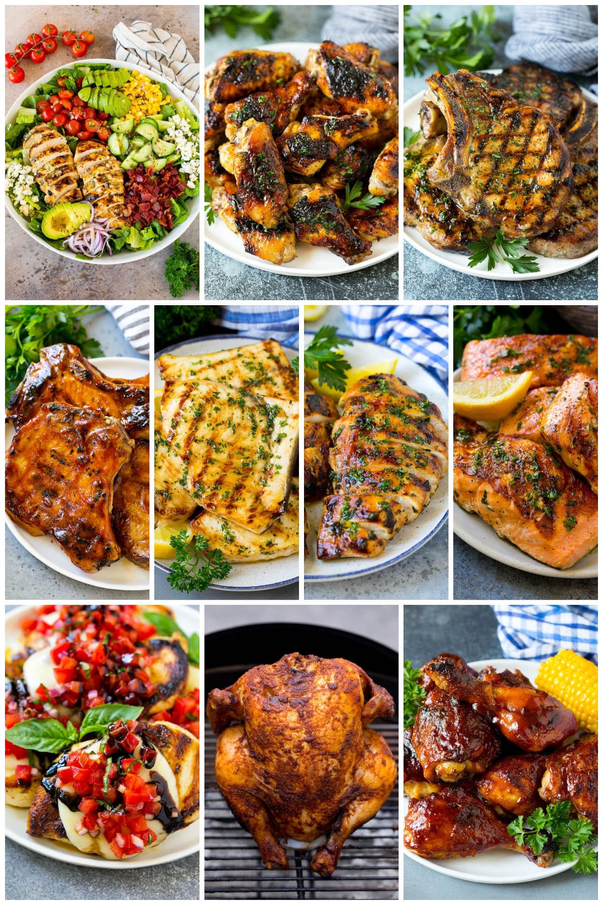 A collection of summer dinner recipes featuring grilled chicken, grilled pork chops and bbq chicken.