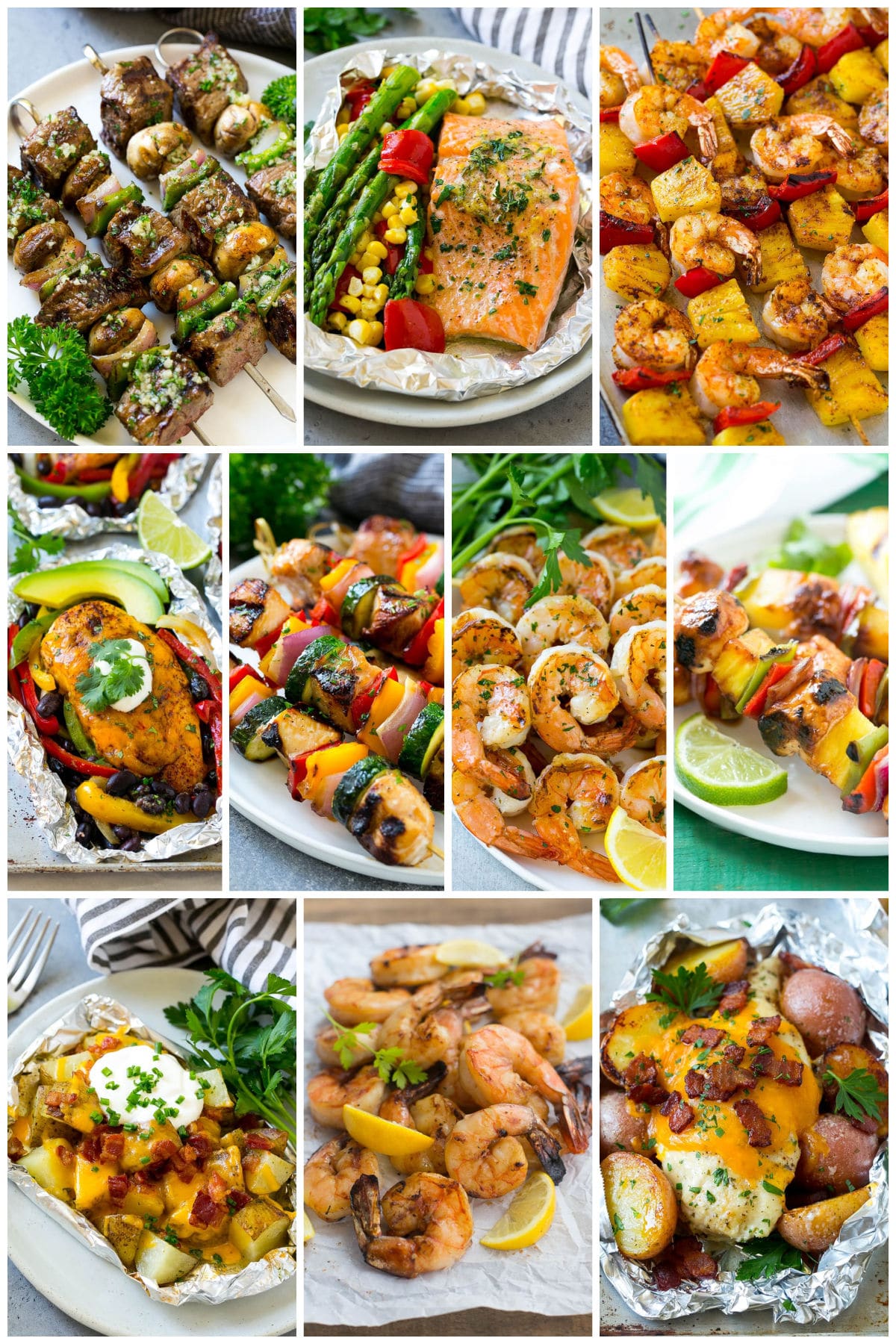 A group of summer recipes with beef kabobs, shrimp skewers and salmon foil packets.